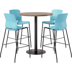 36" Round Table with 4 Imme Armless Barstools, Sky Blue Seat/Studio Teak Top