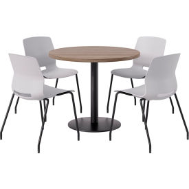 36" Round Table with 4 Imme Armless Chairs, Light Gray Seat/Studio Teak Top