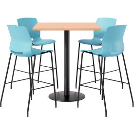 36" Square Table with 4 Armless Barstools, Sky Blue Seat/Maple Top