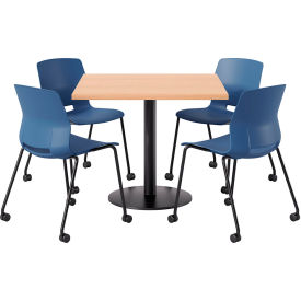 36" Square Table with 4 Imme Armless Caster Chairs, Navy Seat/Maple Top