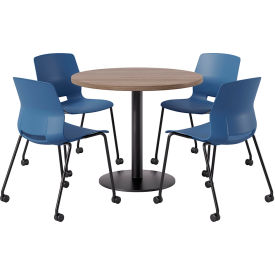 36" Round Table with 4 Imme Armless Caster Chairs, Navy Seat/Studio Teak Top
