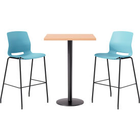 30" Square Table with 2 Imme Armless Barstools, Sky Blue Seat/Maple Top