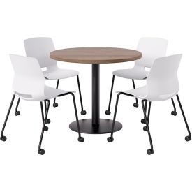 36" Round Table with 4 Imme Armless Caster Chairs, White Seat/Studio Teak Top