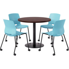 36" Round Table with 4 Armless Caster Chairs, Sky Blue Seat/Espresso Top