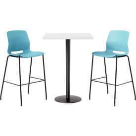30" Square Table with 2 Imme Armless Barstools, Sky Blue Seat/Designer White Top