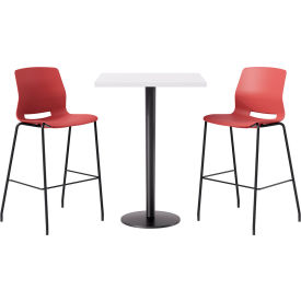 30" Square Table with 2 Imme Armless Barstools, Coral Seat/Designer White Top