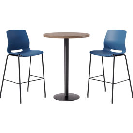 30" Round Table with 2 Armless Barstools, Navy Seat/Studio Teak Top