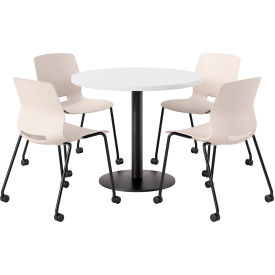 36" Round Table with 4 Imme Armless Caster Chairs, Moonbeam Seat/Designer White Top