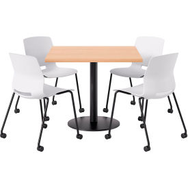 36" Square Table with 4 Imme Armless Caster Chairs, White Seat/Maple Top