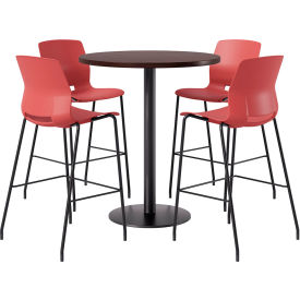 36" Round Table with 4 Armless Barstools, Coral Seat/Espresso Top