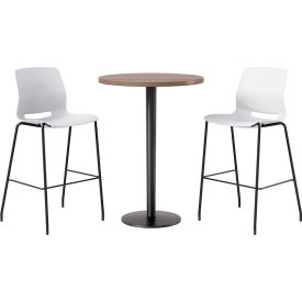 30" Round Table with 2 Armless Barstools, White Seat/Studio Teak Top