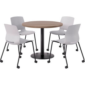 36" Round Table with 4 Armless Caster Chairs, Light Gray Seat/Studio Teak Top
