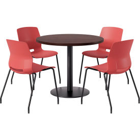 36" Round Table with 4 Armless Chairs, Coral Seat/Espresso Top