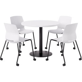 36" Round Table with 4 Imme Armless Caster Chairs, White Seat/Designer White Top