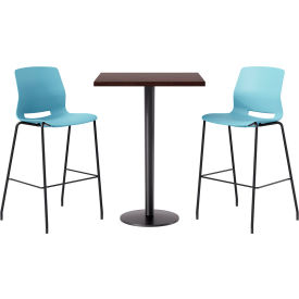 30" Square Table with 2 Armless Barstools, Sky Blue Seat/Espresso Top