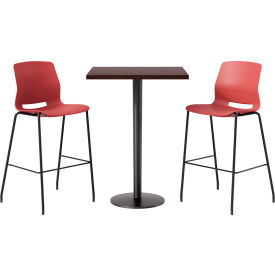 30" Square Table with 2 Armless Barstools, Coral Seat/Espresso Top