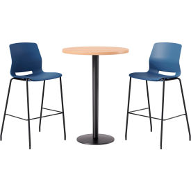 30" Round Table with 2 Imme Armless Barstools, Navy Seat/Maple Top
