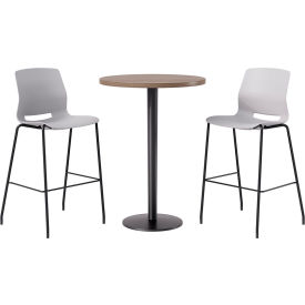 30" Round Table with 2 Armless Barstools, Light Gray Seat/Studio Teak Top
