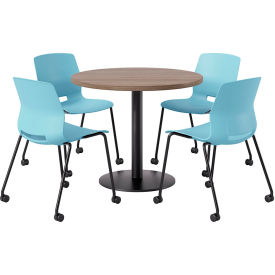 36" Round Table with 4 Armless Caster Chairs, Sky Blue Seat/Studio Teak Top