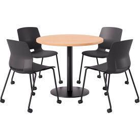 36" Round Table with 4 Imme Armless Caster Chairs, Black Seat/Maple Top