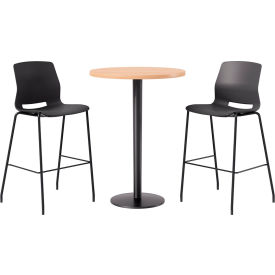 30" Round Table with 2 Imme Armless Barstools, Black Seat/Maple Top