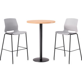 30" Round Table with 2 Armless Barstools, Light Gray Seat/Maple Top