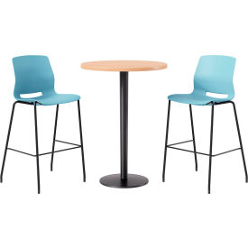 30" Round Table with 2 Imme Armless Barstools, Sky Blue Seat/Maple Top