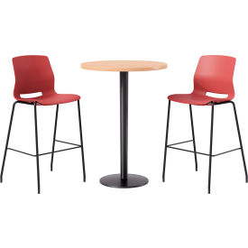 30" Round Table with 2 Imme Armless Barstools, Coral Seat/Maple Top