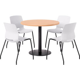 36" Round Table with 4 Armless Chairs, White Seat/Maple Top