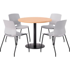 36" Round Table with 4 Armless Chairs, Light Gray Seat/Maple Top