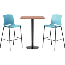 30" Square Table with 2 Imme Armless Barstools, Sky Blue Seat/River Cherry Top