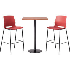KFI 30" Square Table with 2 Imme Armless Barstools, Coral Seat/River Cherry Top