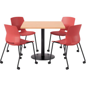 36" Square Table with 4 Armless Caster Chairs, Coral Seat/Maple Top