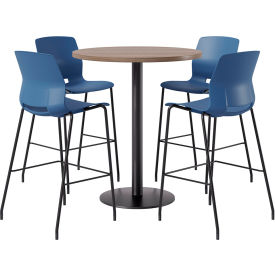 36" Round Table with 4 Armless Barstools, Navy Seat/Studio Teak Top