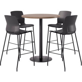 36" Round Table with 4 Imme Armless Barstools, Black Seat/Studio Teak Top