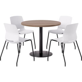 36" Round Table with 4 Imme Armless Chairs, White Seat/Studio Teak Top