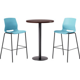 30" Round Table with 2 Imme Armless Barstools, Sky Blue Seat/Espresso Top