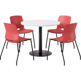 36" Round Table with 4 Armless Chairs, Coral Seat/Designer White Top