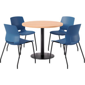 42" Round Table with 4 Imme Armless Chairs, Navy Seat/Maple Top