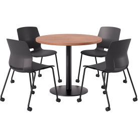 36" Round Table with 4 Armless Caster Chairs, Black Seat/River Cherry Top