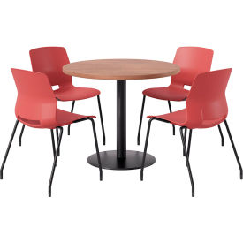 42" Round Table with 4 Imme Armless Chairs, Coral Seat/River Cherry Top