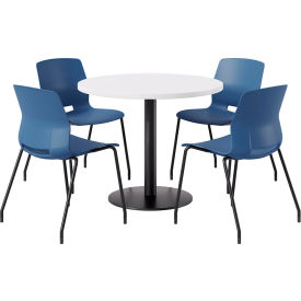 42" Round Table with 4 Imme Armless Chairs, Navy Seat/Designer White Top
