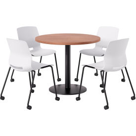 36" Round Table with 4 Armless Caster Chairs, White Seat/River Cherry Top