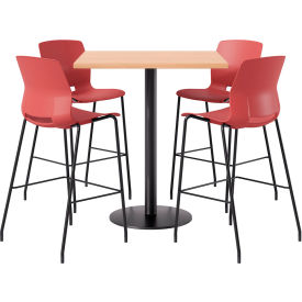 42" Square Table with 4 Imme Armless Barstools, Coral Seat/Maple Top