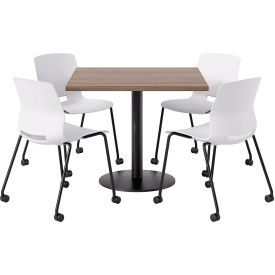 36" Square Table with 4 Armless Caster Chairs, White Seat/Studio Teak Top