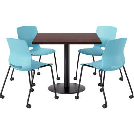 36" Square Table with 4 Armless Caster Chairs, Sky Blue Seat/Espresso Top
