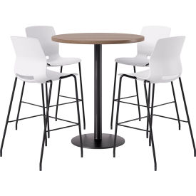 42" Round Table with 4 Imme Armless Barstools, White Seat/Studio Teak Top