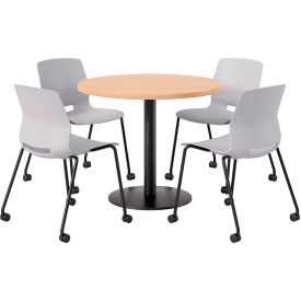 42" Round Table with 4 Armless Caster Chairs, Light Gray Seat/Maple Top