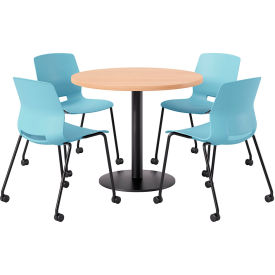 42" Round Table with 4 Armless Caster Chairs, Sky Blue Seat/Maple Top