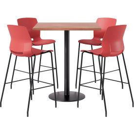 36" Square Table with 4 Imme Armless Barstools, Coral Seat/River Cherry Top